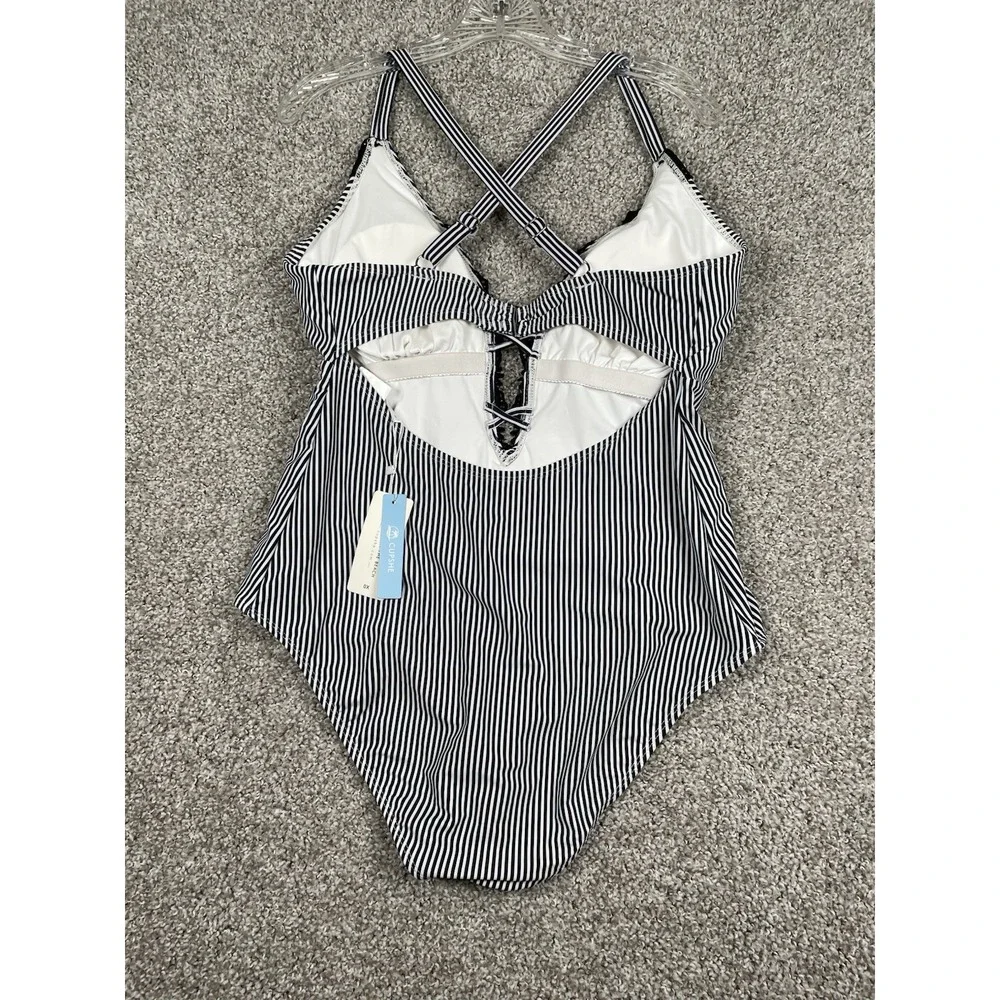 Cupshe Wish You Well One Piece Swimsuit 0X Black White Striped Lace Plunge NWT